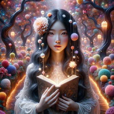 The primary subject of the image is a woman with long hair, who is holding an open book. She is surrounded by a vibrant and colorful environment, which includes a tree and a variety of colorful balls. The setting appears to be a fantasy or surreal landscape, with the woman as the focal point. The visual style of the image is a combination of digital art and illustration, creating a unique and captivating scene. The colors and mood of the image are lively and whimsical, with the